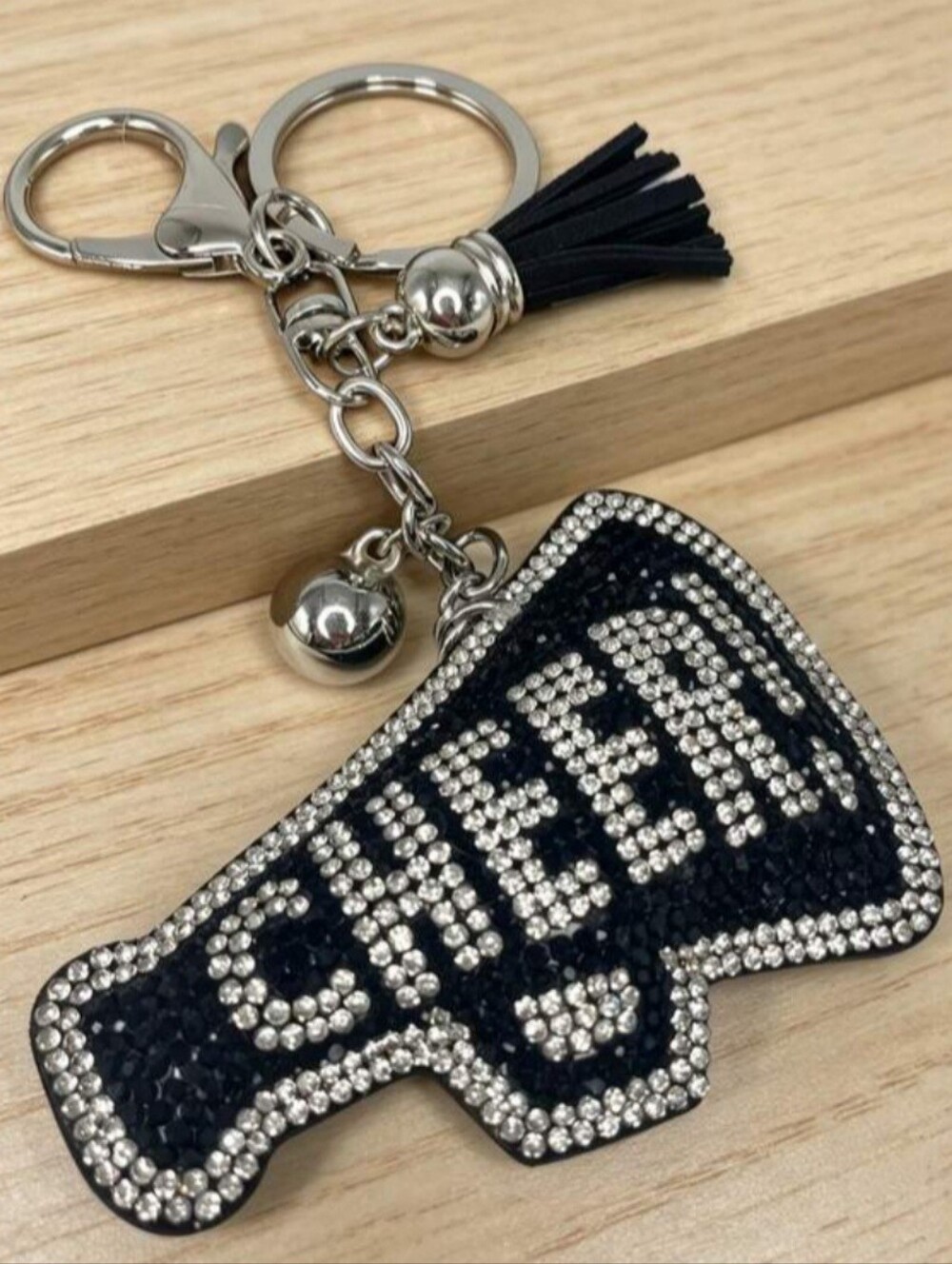 Bling Cheer Crystal Rhinestone Keychain Bag Charm With Black Tassel